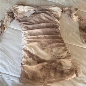 Windsor Beige Taupe Tie-Dye Ruched Off-Shoulder Bodycon Dress